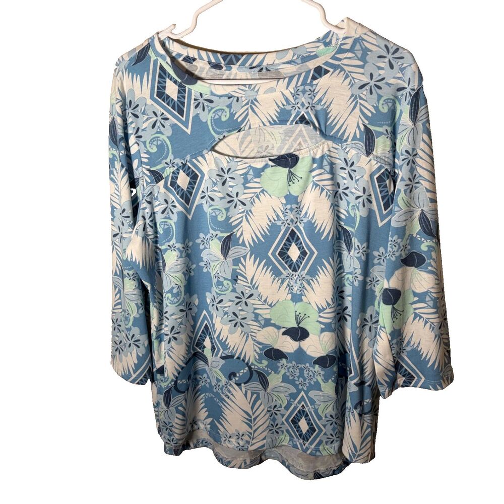 Palm Grove Blouse Women's Petite XL Blue Floral Keyhole 3/4 Sleeve Boho Top